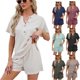 thumbnail image 2 of Women 2 Piece Checks Knit Matching Lounge Sets Button V-Neck Short Sleeve Top and Shorts Solid Color Outfits Sweatsuits, 2 of 5