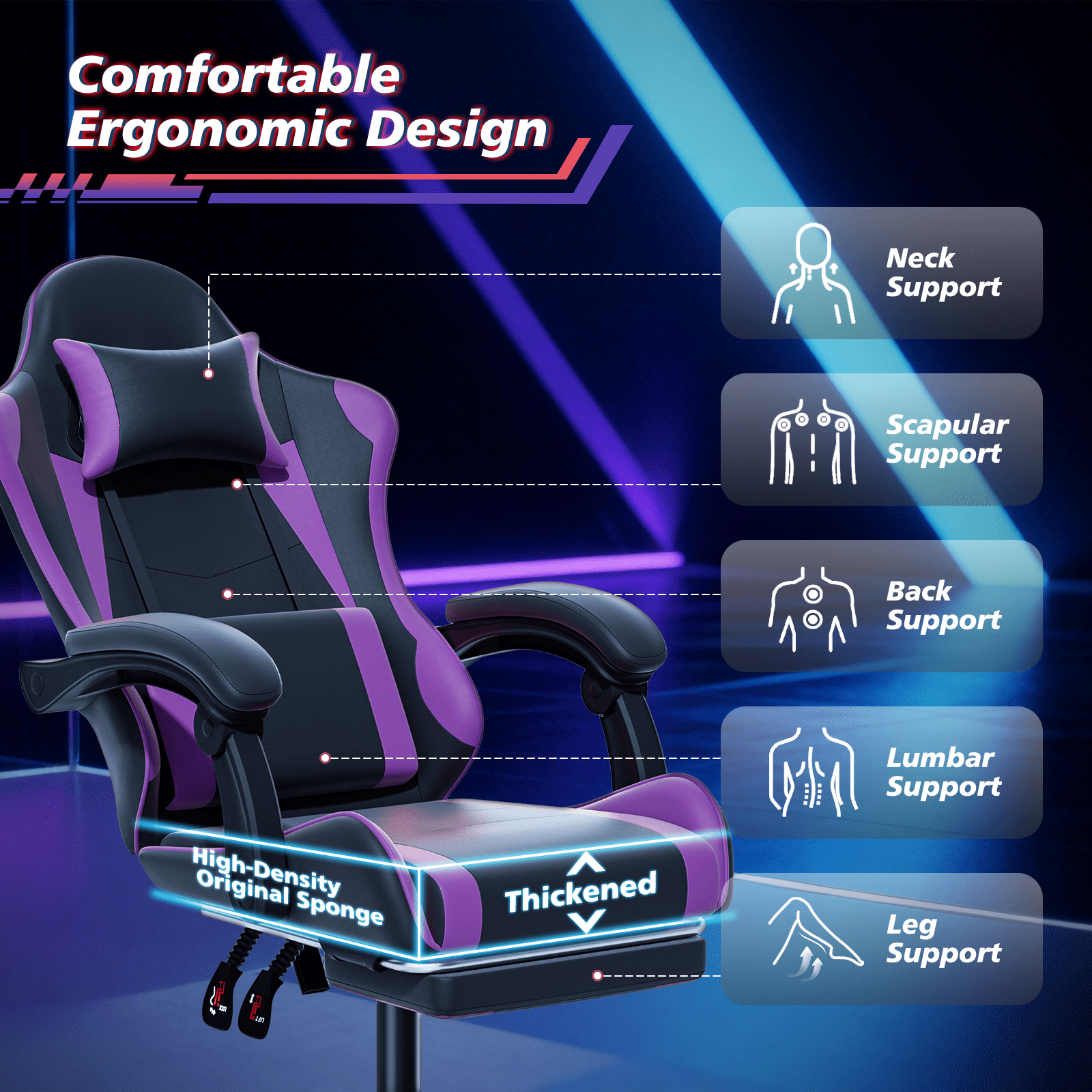 Magshion Ergonomic Gaming Chair with Headrest, Lumbar Support & Footrest - Adjustable Reclining Computer Chair for Adults, High Back Office Desk Chair, 350lbs Capacity， Purple