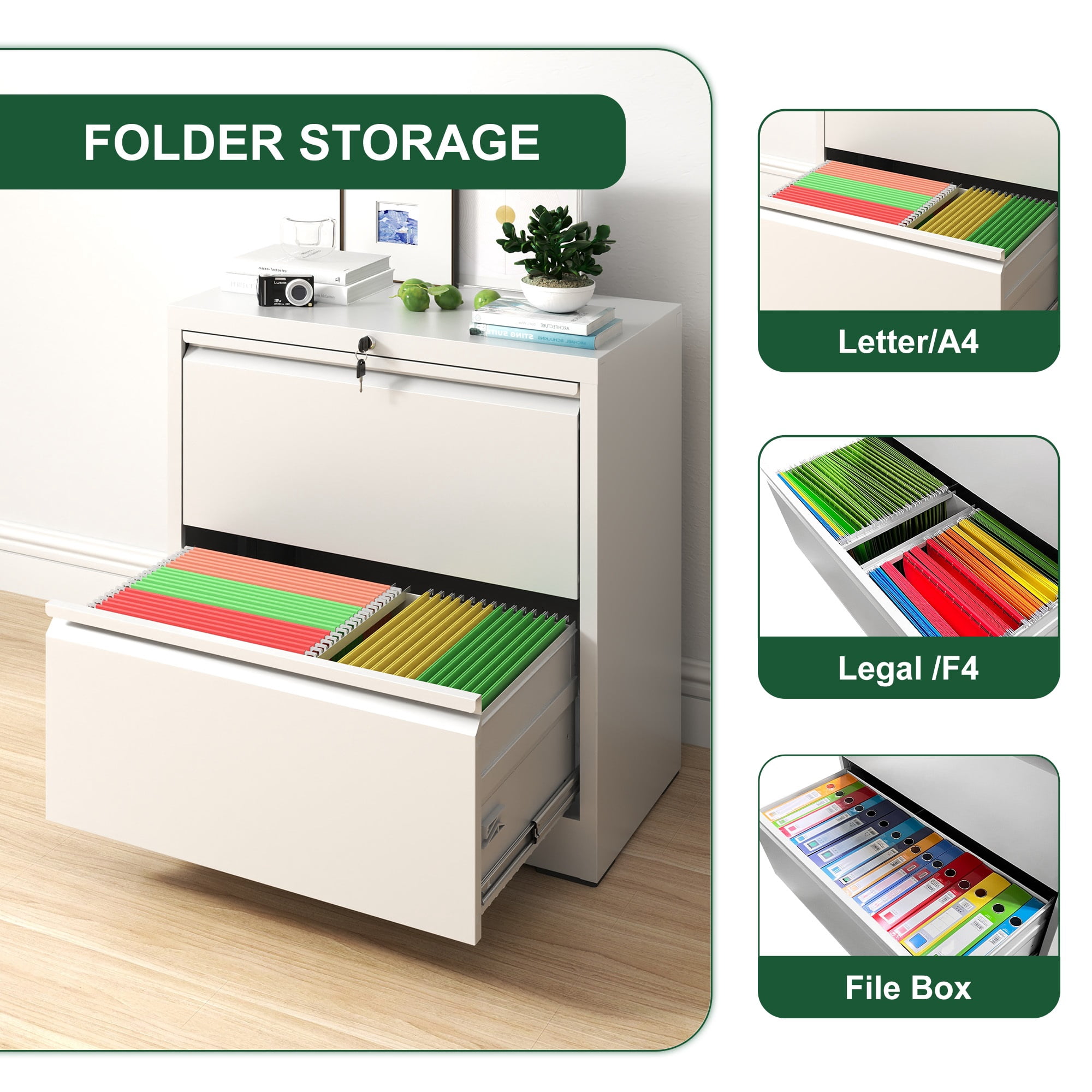 2 Drawer Lateral File Cabinet with Lock, Metal Lateral Filing Cabinet for Home Office, Steel Wide Horizontal Filing Cabinets for Letter/Legal/A4/F4 Hanging Files (White)
