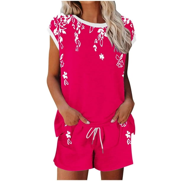 Conjunto de Pantalones de Cuello Redondo Y Cordón de Manga Corta Impresa para Mujeres Conjunto de Poliéster, Desgaste Casual sin Posicionamiento para Mujeres