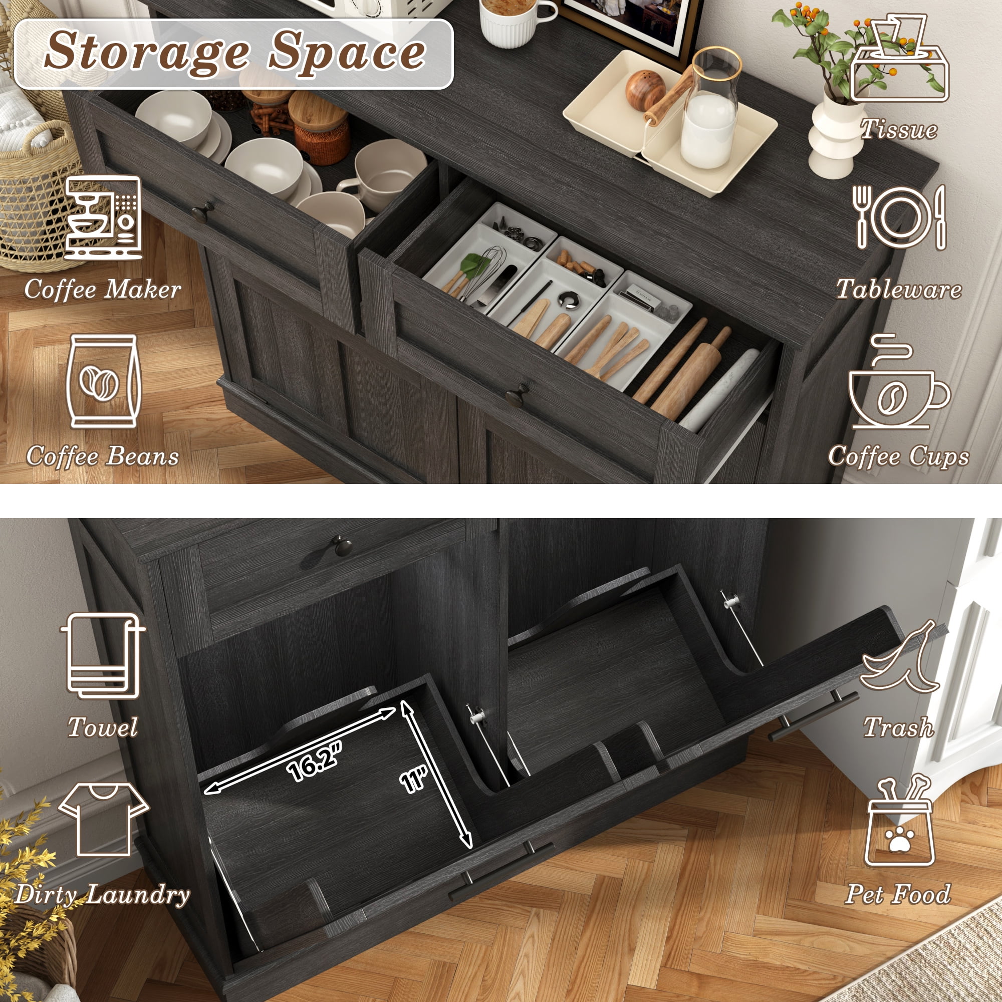 Blotout Double Tilt Trash Cabinet with 2 Hidden Drawers,Kitchen Hidden Trash Can with Flip Cover,Suitable for Kitchen,House,Apartment,Dormitory,Laundry Room