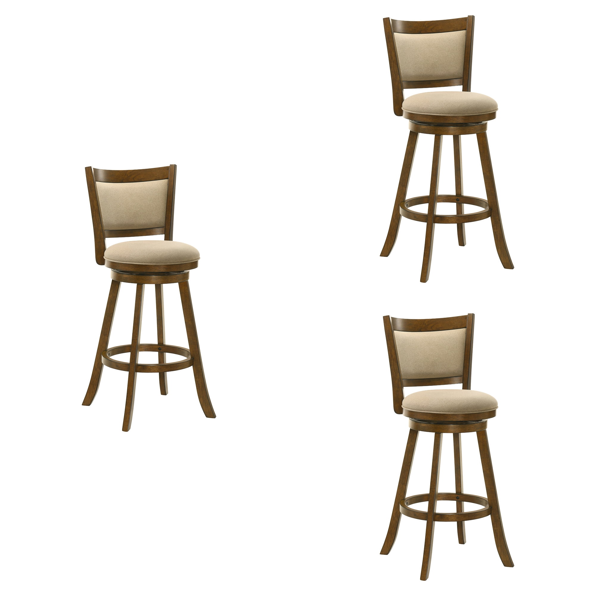 Aiden Modern Farmhouse Swivel Wood Bar Height Kitchen Bar Stool in Sepia Brown Finish with Grey Fabric Upholstered Seat - Set of 3