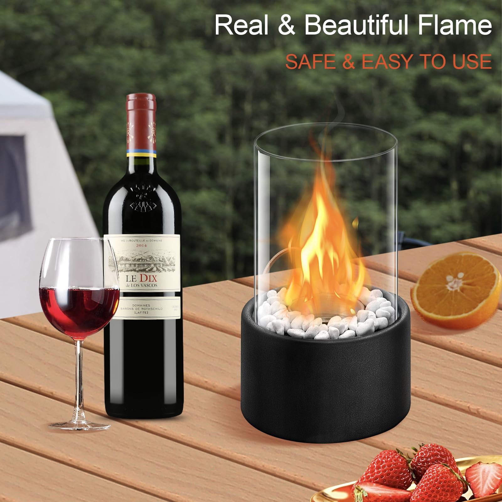 KORALAKIRI Tabletop Fire Pit,Portable Fire Pit Tabletop for Indoor & Outdoor,Table Top Fire Place with White Stone & Wind Proof Glass