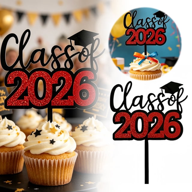 Tong Class Of 2026 Graduation Cake Topper Red Glitter 2026 Grad Cap Cake Pick Graduation Party For High School College Graduation Party Congrats Grad Cake For 2026