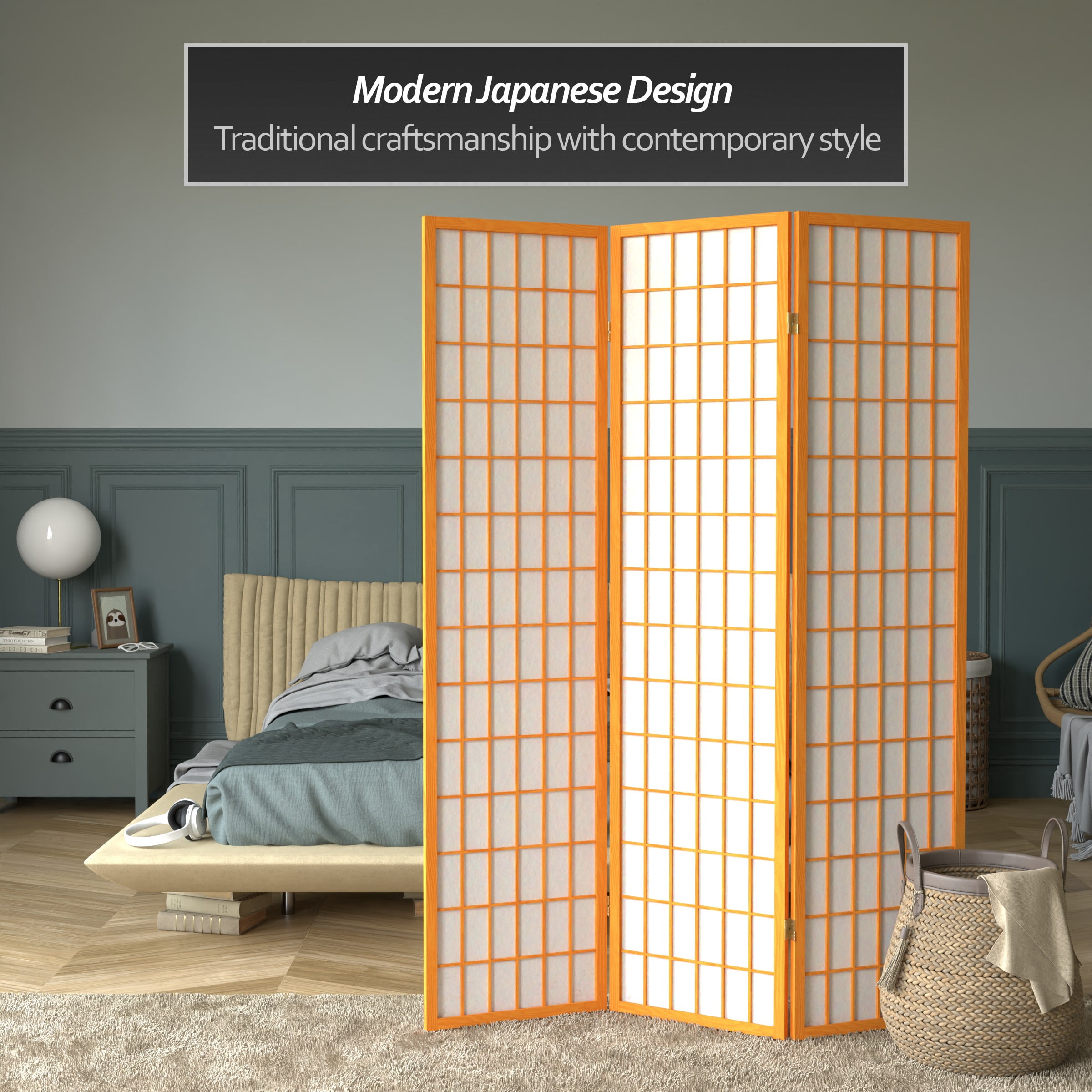 6 ft. Tall Window Pane Shoji Screen - Honey - 3 Panels