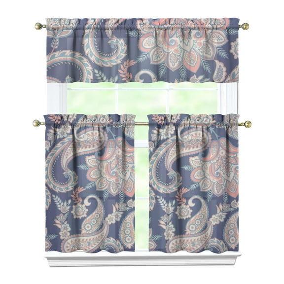 Set of 3 Floral Kitchen Curtains - Retro Ethnic Tier Window Treatment Panels with Valance, Rustic French Country Caf Curtains, Rod Pocket Design