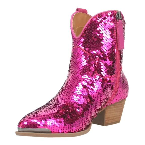 YDN Women Womens Sequins Closed Toe Ankle Booties Block Low Heel Side Zip Western Boots Sparkle Fall Weather Dress Shoes Size 7 Fuchsia