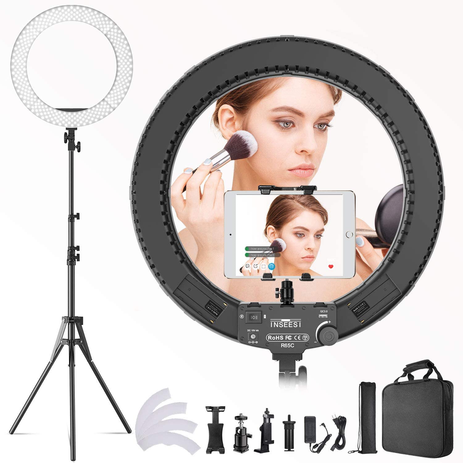 Video Recordings dimmable Video LED Light kit for YouTube Makeup Telephone Adapter vlog Portrait Selfie Ring Light 19 inch LED Outer Adjustable Color Temperature 3000-5800K with Stand
