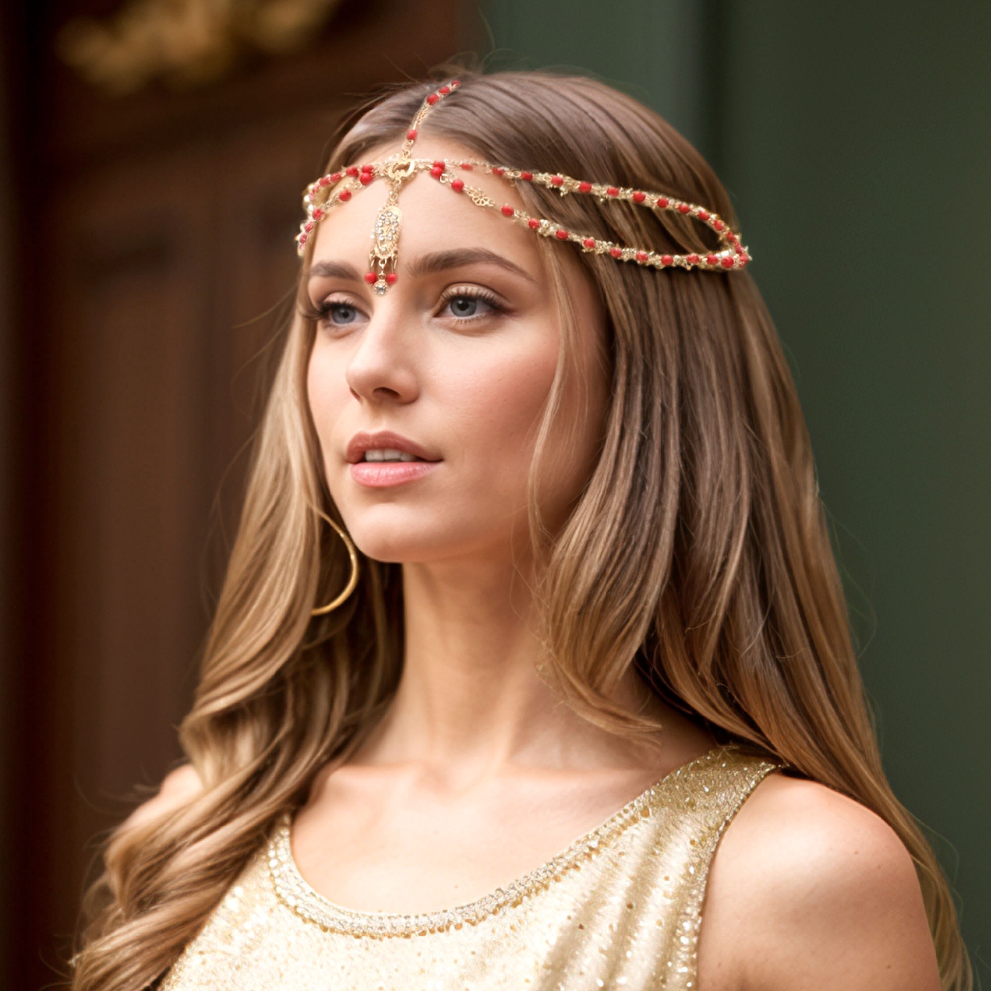 Unique Bargains Elegant Headpiece Faux Diamond Wooden Beads Hair Chain 1 Pc Red