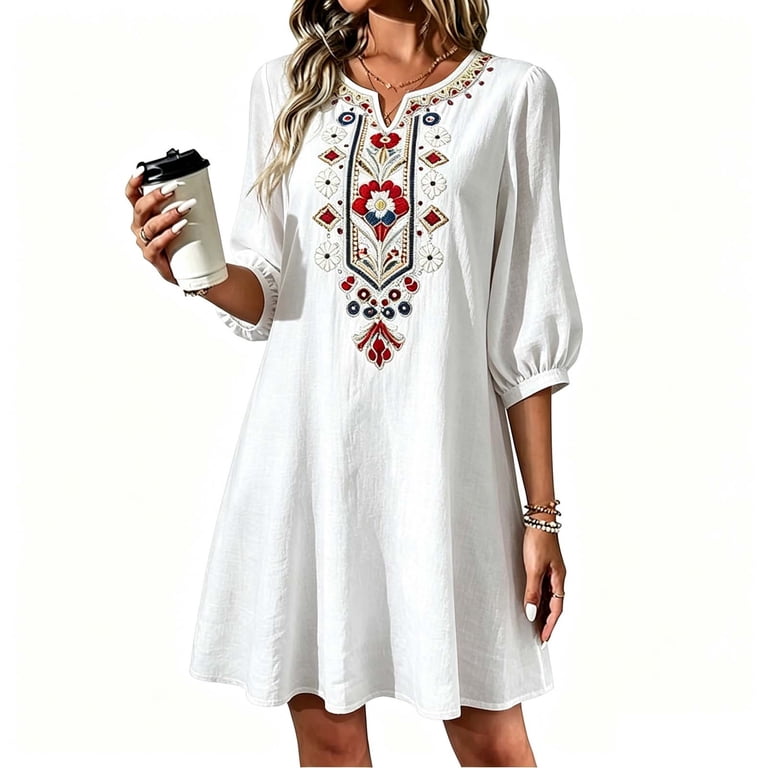bohemian festival dresses Women's Dress V Neck 3/4 Sleeve Floral Embroidered A-Line Dress Lightweight Breathable Casual Dress White 3XL Brown Comfort Boots & DL: Maxi Color:Black/Aqua Whether you are strolling