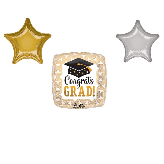 LOONBALLOON Graduation Grad Theme Balloon Set, Standard Congrats Grad Ribbed Lines Balloon, Star Foil