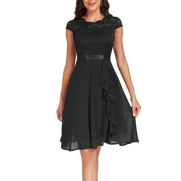 Pisexur Cocktail Dresses for Women Fashion Front Slit Ruffle Hem Wedding Guest Dress Soild Color Flowy Flutter Sleeve Lace Prom Dress Classy Formal Wedding Guest Dress Midi Dress S-2XL Black