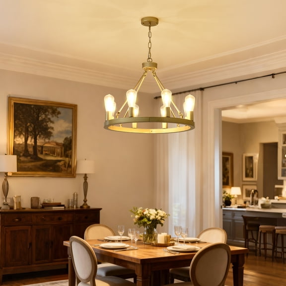 Newest 24” Gold 8-Light Wagon Wheel Chandelier, Elegant Farmhouse Pendant for Kitchen Island & Dining Nook