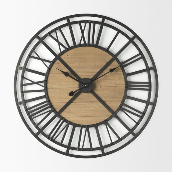 Mercana Lewiston 30.1L X 2.0W X 30.1H Black Iron W/Wood Round Wall Clock