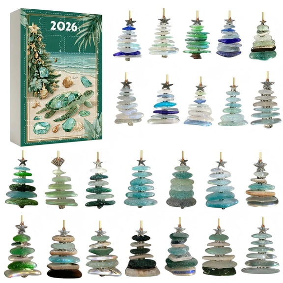 CQHVKQ Sea Glass Advent Calendar 2026, 24 Days Christmas Countdown Calendar of Coastal Surprises, Sea Themed 2D Acrylic Iconic Natural Stone Ornaments Christmas Advent Calendar for Xmas Tree Decor