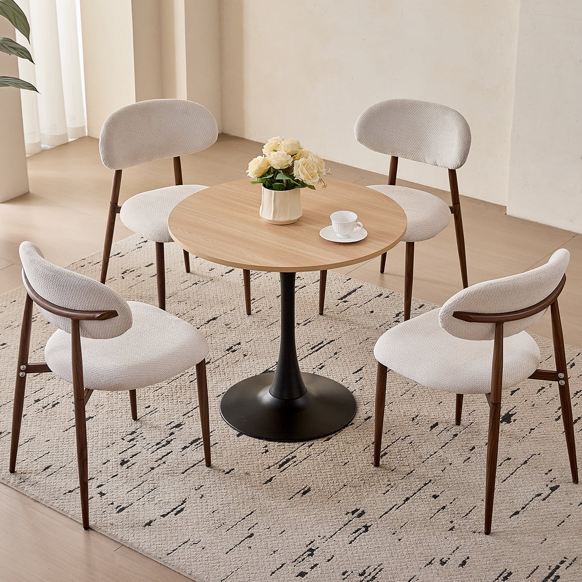 31.5" Round Dining Table for 2-4 Modern Circle Tulip Table with Metal Black Tulip Pedestal Base for Kitchen Dining Living Room Apartment Small Space Cafe, Natural