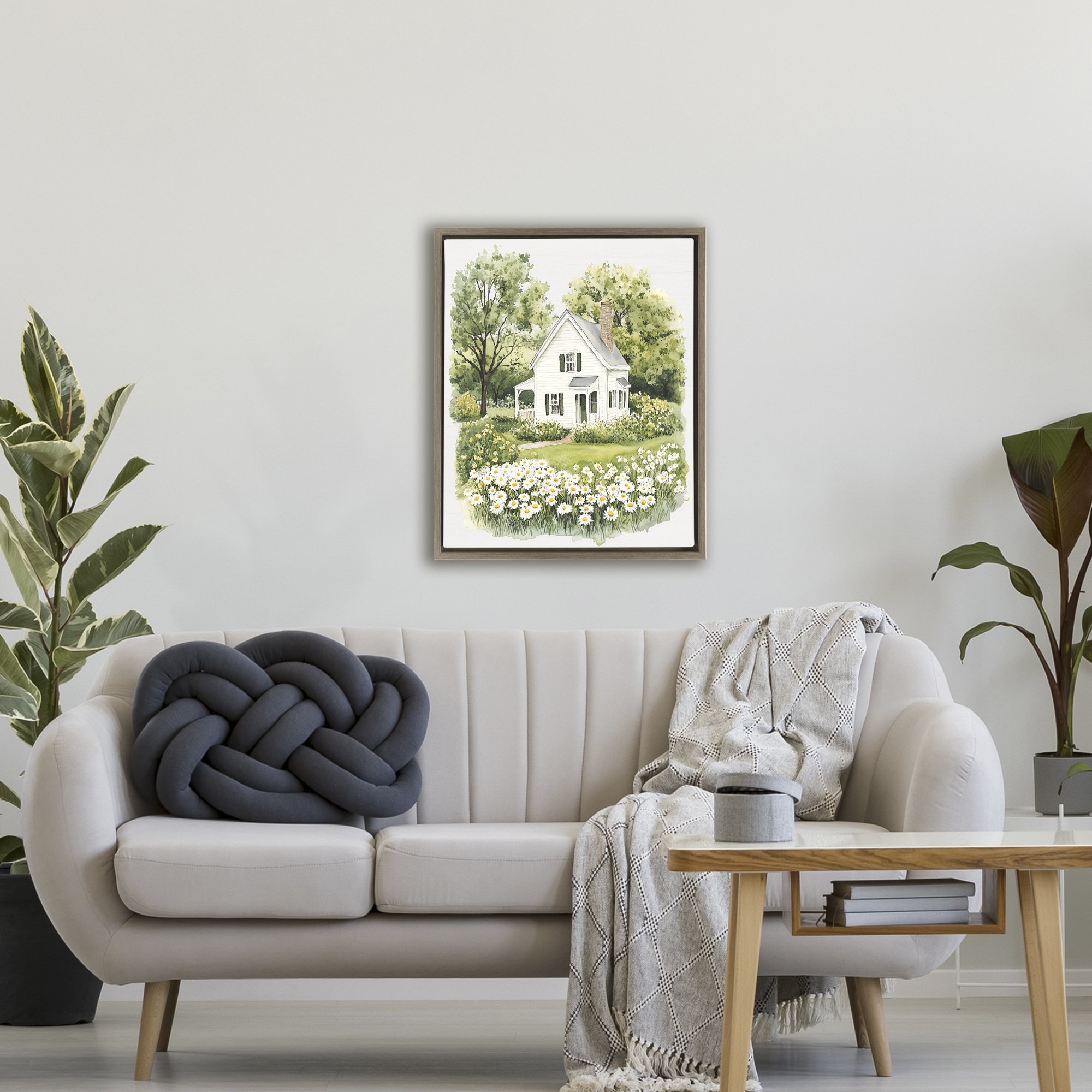 Quaint Countryside Cottage Garden Brown Framed Floater Canvas Wall Art, design by Lettered and Lined