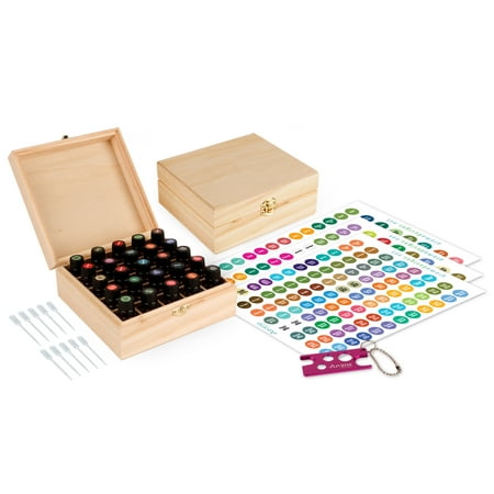 Wood Essential Oil Box Organizer - Holds 25 Oils - Includes Essential Oil Sticker Labels, Bottle Top Removal Tool & Pipettes