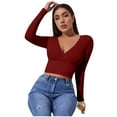 thumbnail image 4 of miqiqism Clearance Sale!Solid Slim Tee Women Sexy V Neck Knitted Blouses Fall Crop Shirts Long Sleeve Basic Tops,Wine,3X-Large, 4 of 6