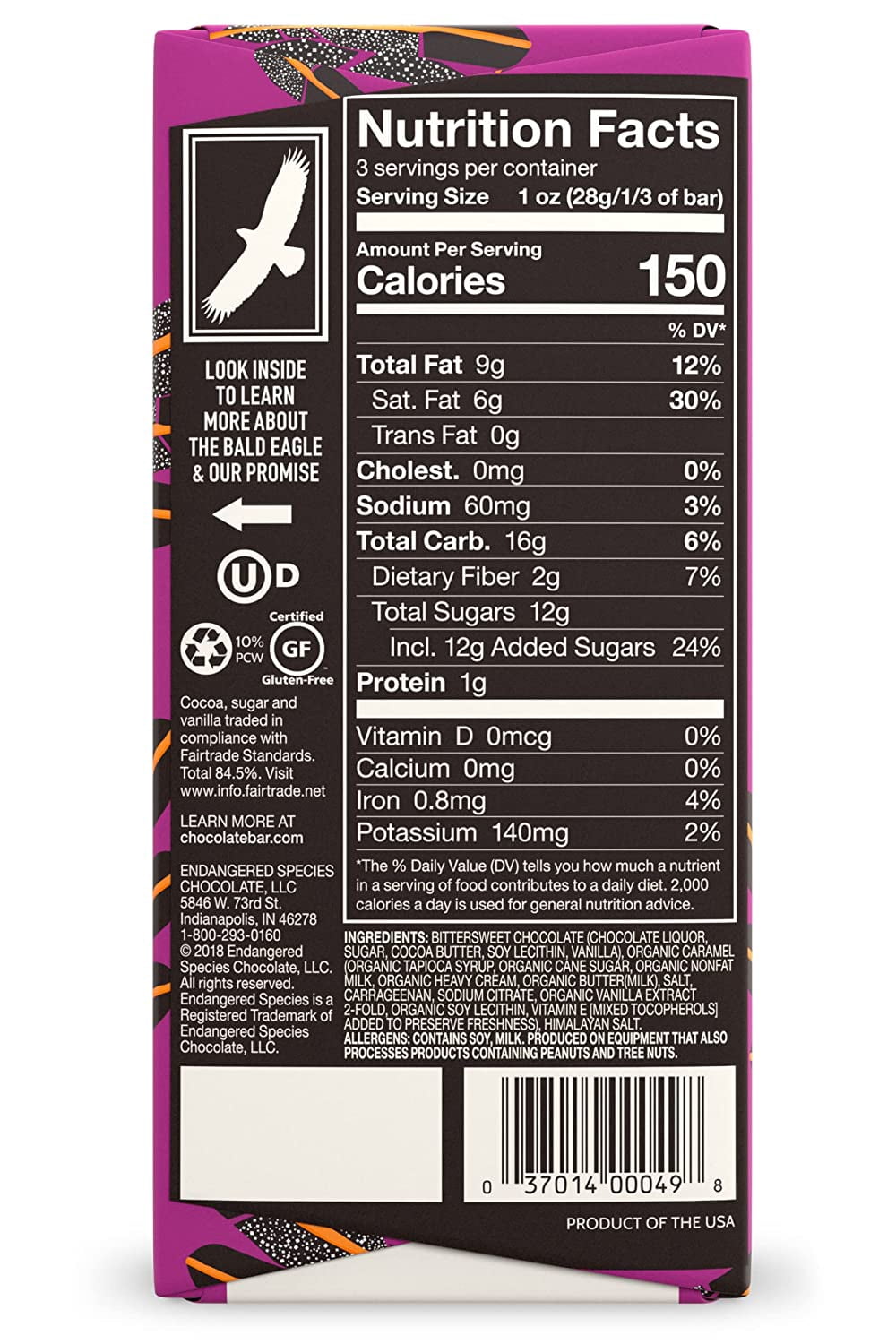 Endangered Species Chocolate Bar - Dark Chocolate - Caramel - Sea Salt - 3 oz - Case of 12