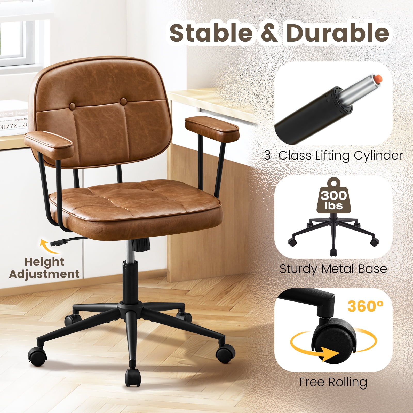 Falvinoryn Modern Home Office Desk Chair, Ergonomic Computer Task Chair with Padded Armrests, 360° Swivel Adjustable Height Rolling Chair, Rocking Function.Brown