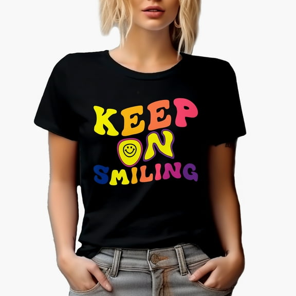 Keep on Smiling, Motivational Quote to Smile, Groovy Retro Wavy Text Merch Gift, Black T-Shirt, Small