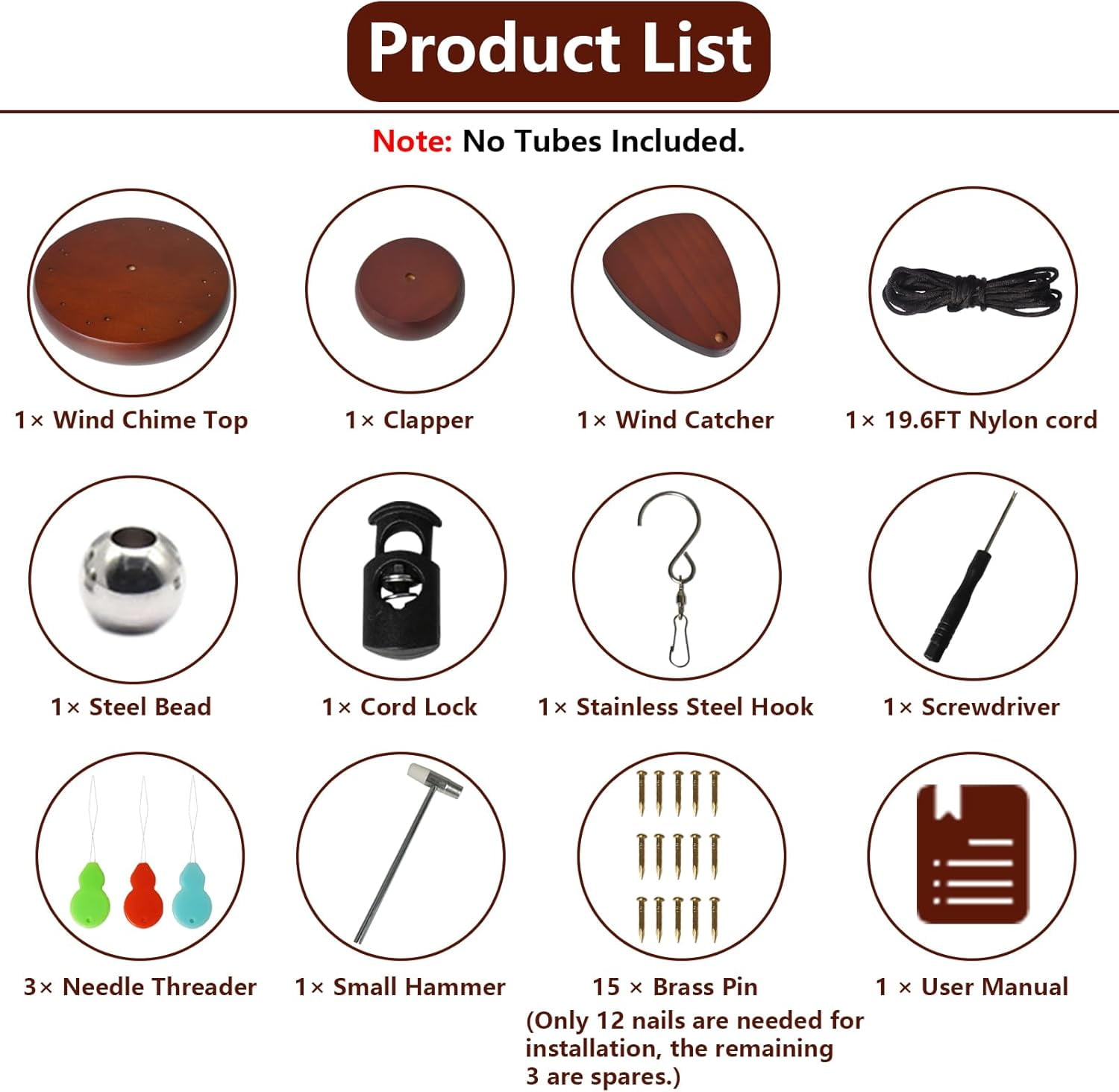 Wind Chime Replacement Parts, 28 PCS Windchime Repair Kit Including Round Top, Clapper, Catcher, 19.6FT Nylon Cord, DIY Supplies (Dark Brown)