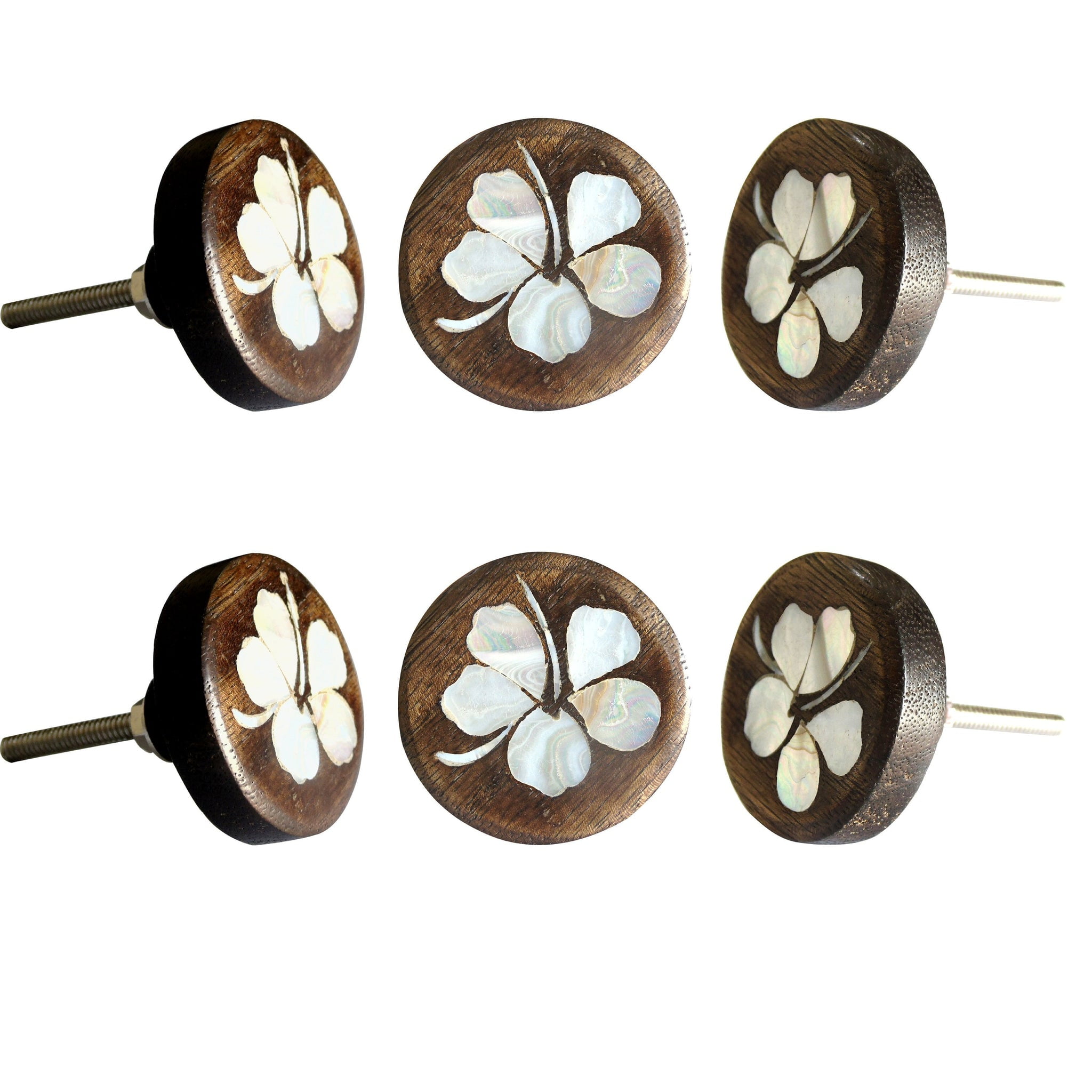 Perilla Home Set of 6 Hibiscus flower MOP Wooden Knobs  Decorative Antique Knobs for Home Kitchen Cabinet Cupboard Glass Door Dresser Wardrobe and Drawer Pull