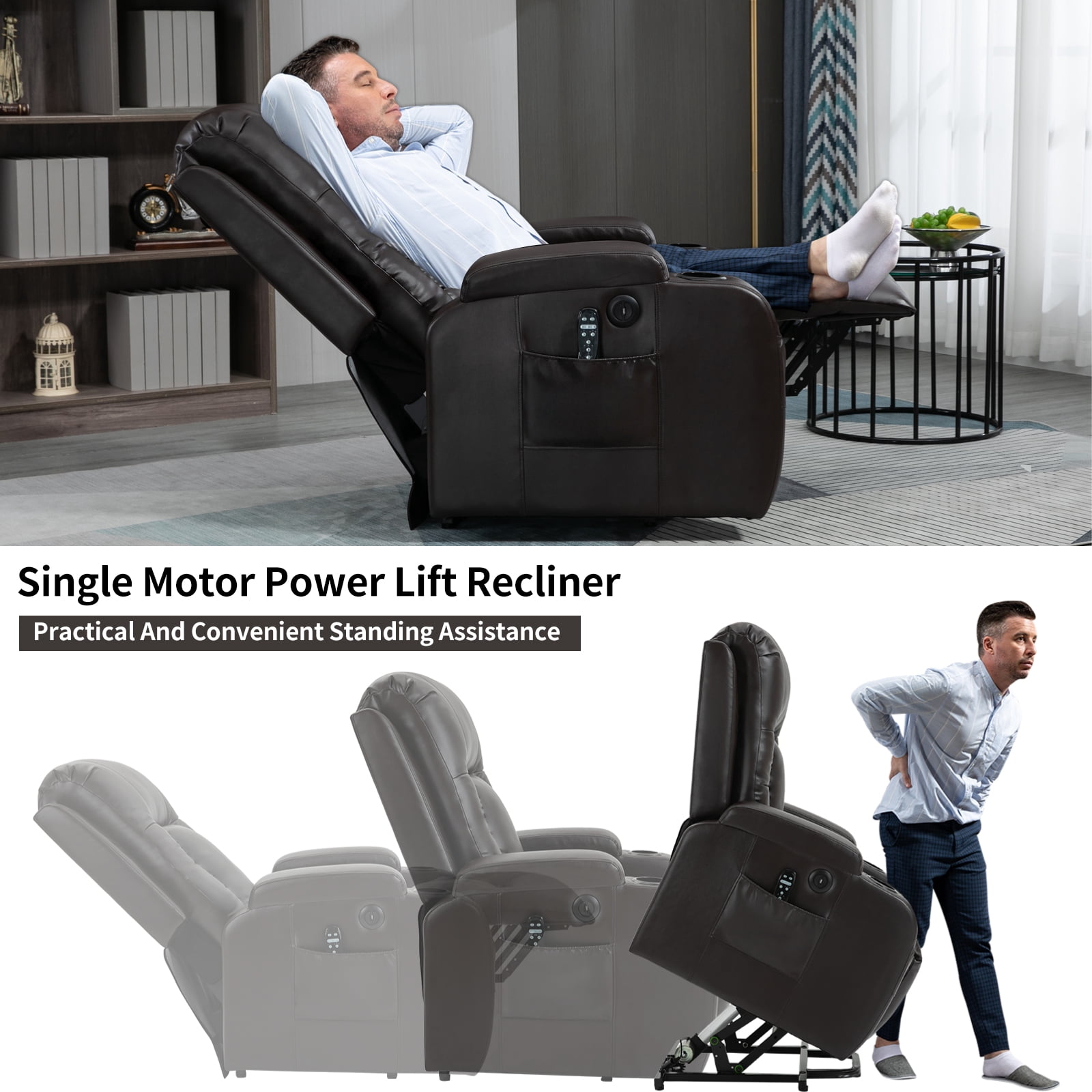 Gewnee Power Lift Recliner Chair,Lift Chair with Heat and Massage,Adjustable PU Leather Recliner with USB,Cup Holders & Side Pockets for Living Room or Bedroom.Brown