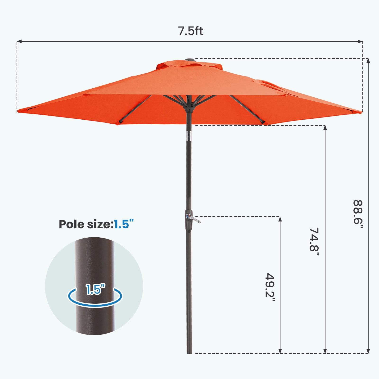 FUNDAZE 7.5' Outdoor Market Patio Umbrella with Push Button Tilt & Crank Lift, UV-Resistant Canopy for Garden, Backyard, Deck, Pool & Patio Dining, Orange