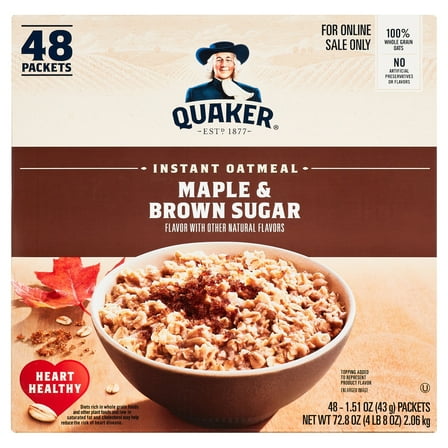 Quaker Instant Oatmeal, Maple & Brown Sugar, Quick Cook Oatmeal, 48 Packets