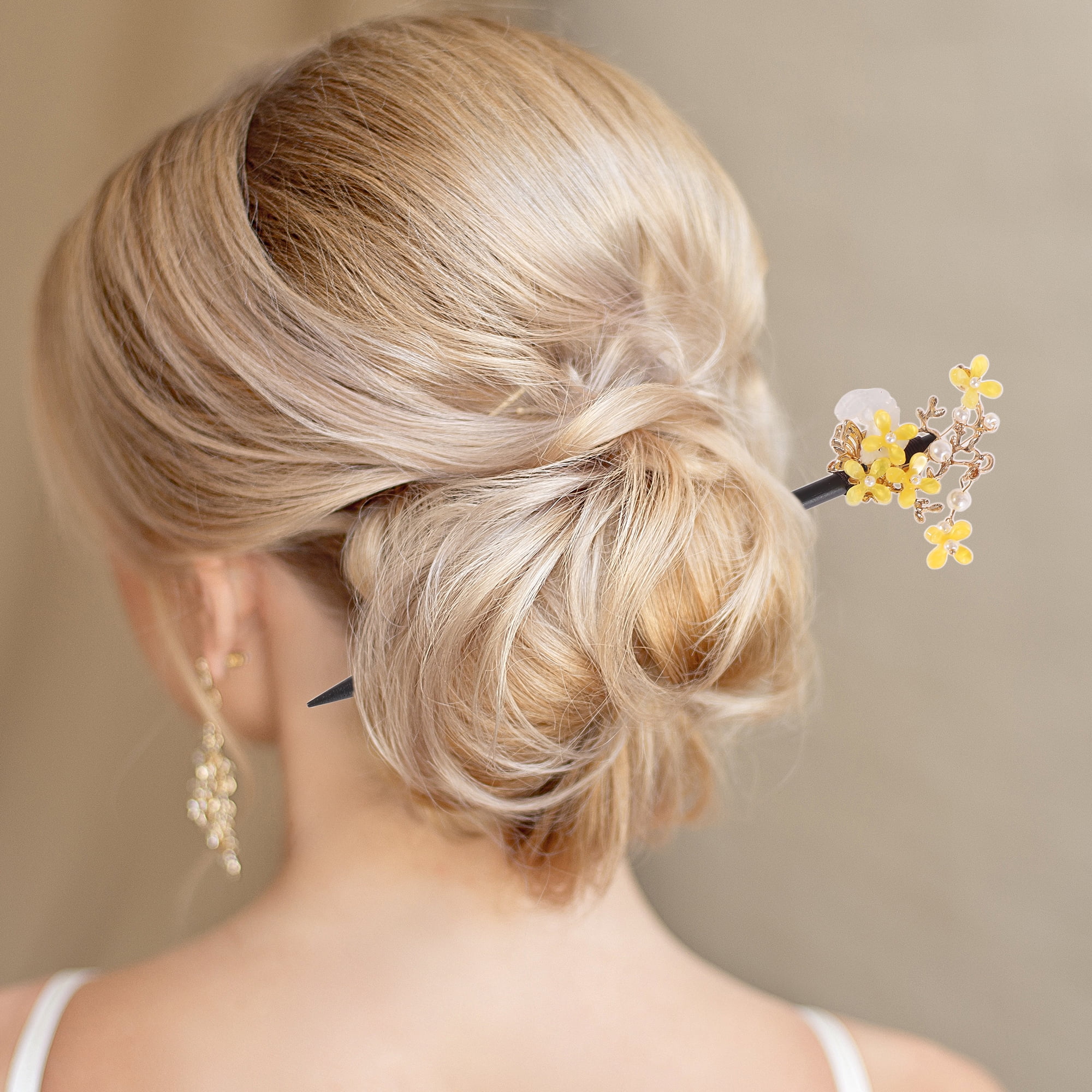 Unique Bargains Hair Chopstick for Women Black Yellow 1 Pc [Flower Pearl]