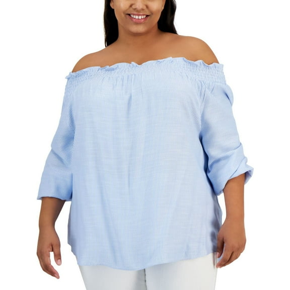 Tommy Hilfiger Womens Striped Off the Shoulder Blouse, Blue, Plus Size, 2X