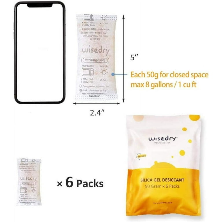wisedry 50 Gram [6PACKS] Rechargeable Silica Gel Desiccant Packets Fast  Reactivate Desiccant Bags Orange to Green indicating for Air Dryer Food  Grade