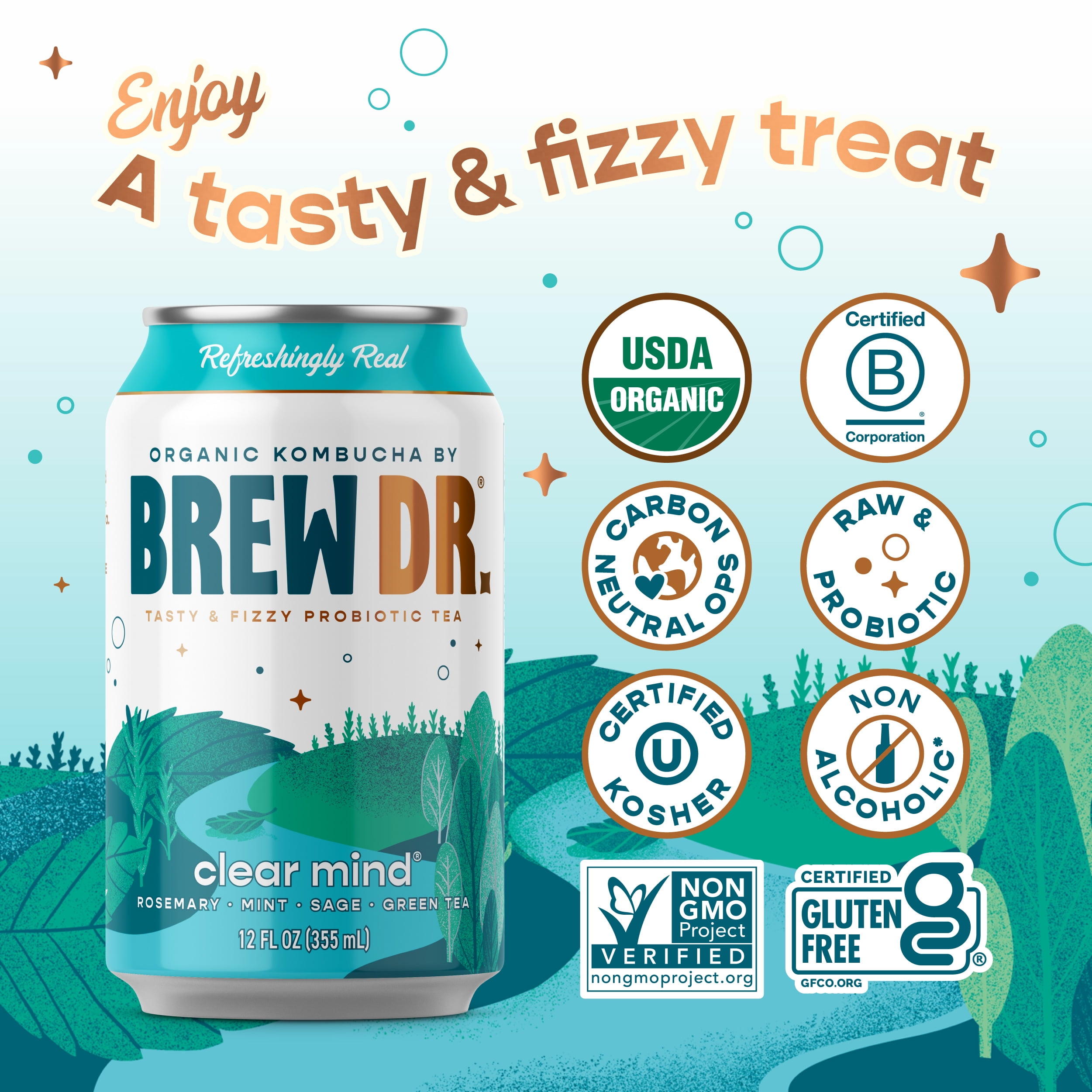 Brew Dr. Kombucha Organic Clear Mind 12 fl oz 4 pack cans with Green Tea