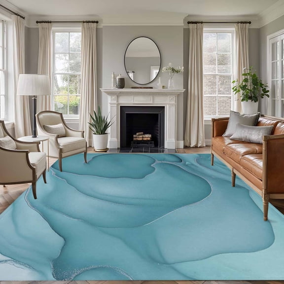 Teal Green Marble Area Rugs 6'x9', Washable Small Throw Rugs for Kitchen Dining room, Simple Abstract Gradient Fluid Art Indoor Outdoor Rug Non-Slip Low Pile Carpet Runner Reversible Floor Mats