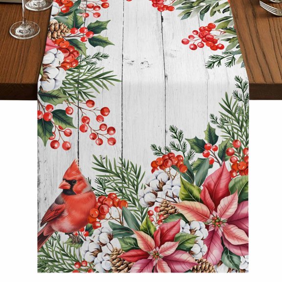 Table Runners 72 Inches Long Dress Scarves, Cardinal Bird Farmhouse Kitchen Table Runner, Coffee Tablerunners, Winter Poinsettia Pine Cones Berry Wood 13x72 Inch