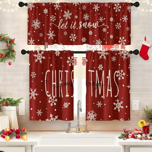 Merry Christmas Kitchen Window Curtains and Valances Set 36 Inch, Let it Snow Winter Snowflakes Short Tier Curtain for Cafe Living Room Bathroom, Xmas Red 3 Pieces Set Kitchen Decor