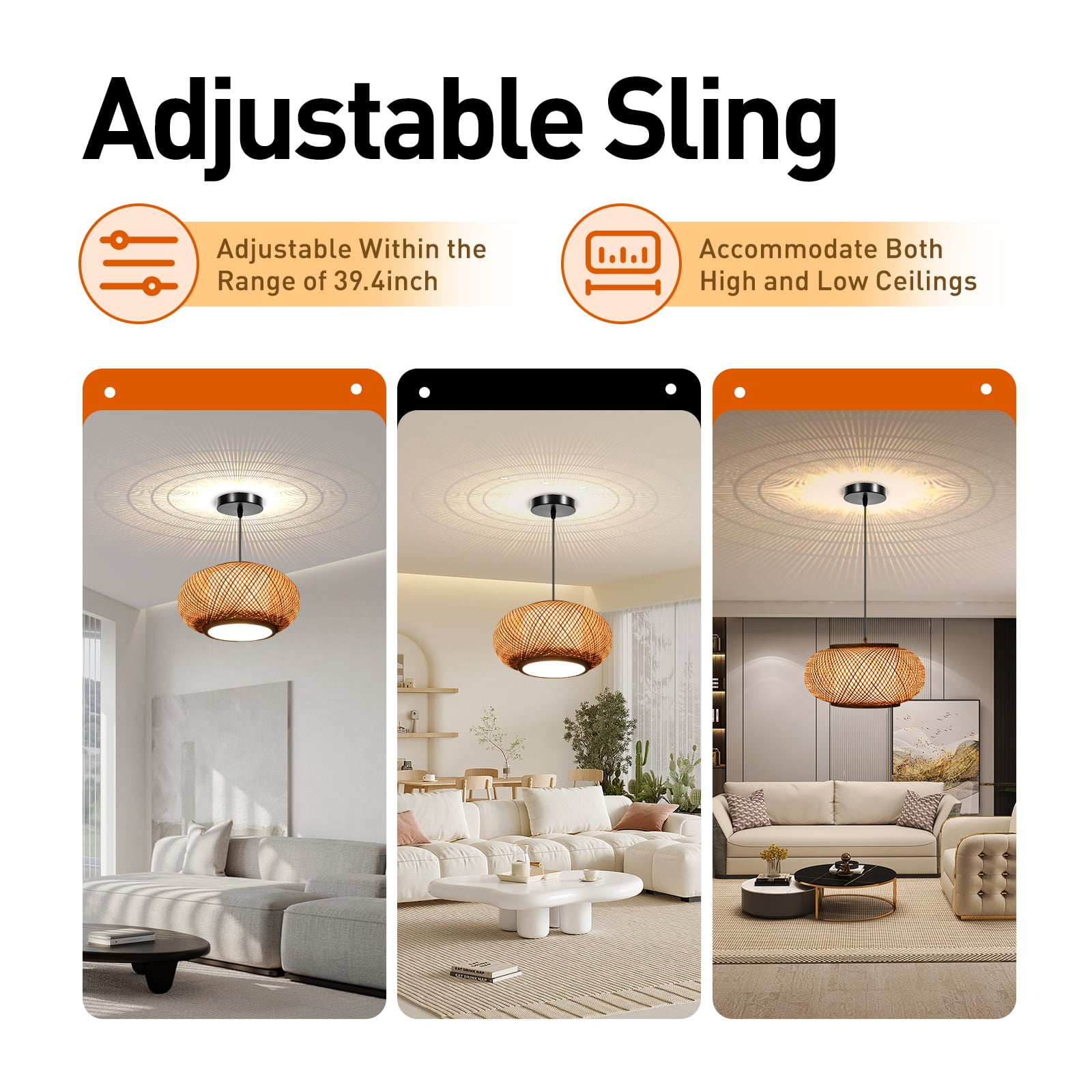 Bamboo Pendant Light Rattan Light Fixture Ceiling, Hand Woven Rattan Domed Shape Woven Light Boho Chandelier with Adjustable Cord for Bedroom Living Room Study Room 16inch
