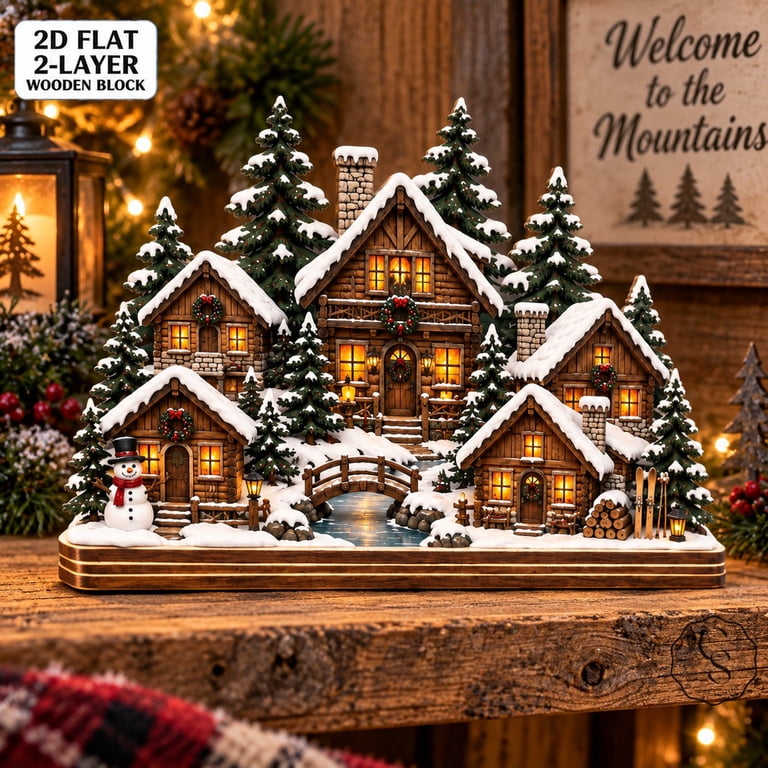 Wood Rustc 2 Layer Wooden Block Mountain Christmas Cabin Tabletop Display for ...