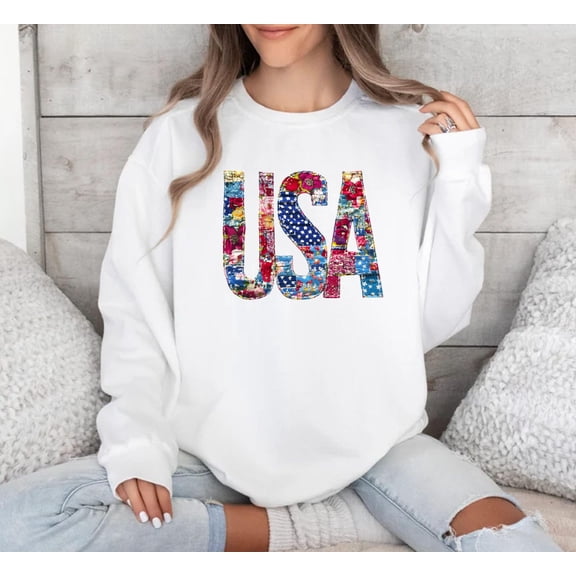 Velto Vintage Floral USA Sweatshirt, 4th Of July Women Sweatshirt, Independence Sweatshirt, Floral America Flag Sweatshirt, Patriotic Women All Size S-5XL