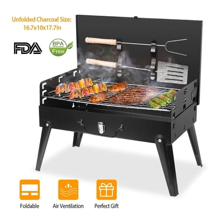 Portable Charcoal Grill, Foldable BBQ Grill Suitcase for Camping, Picnics - 16.7x10x17.7in Outdoor Grilling