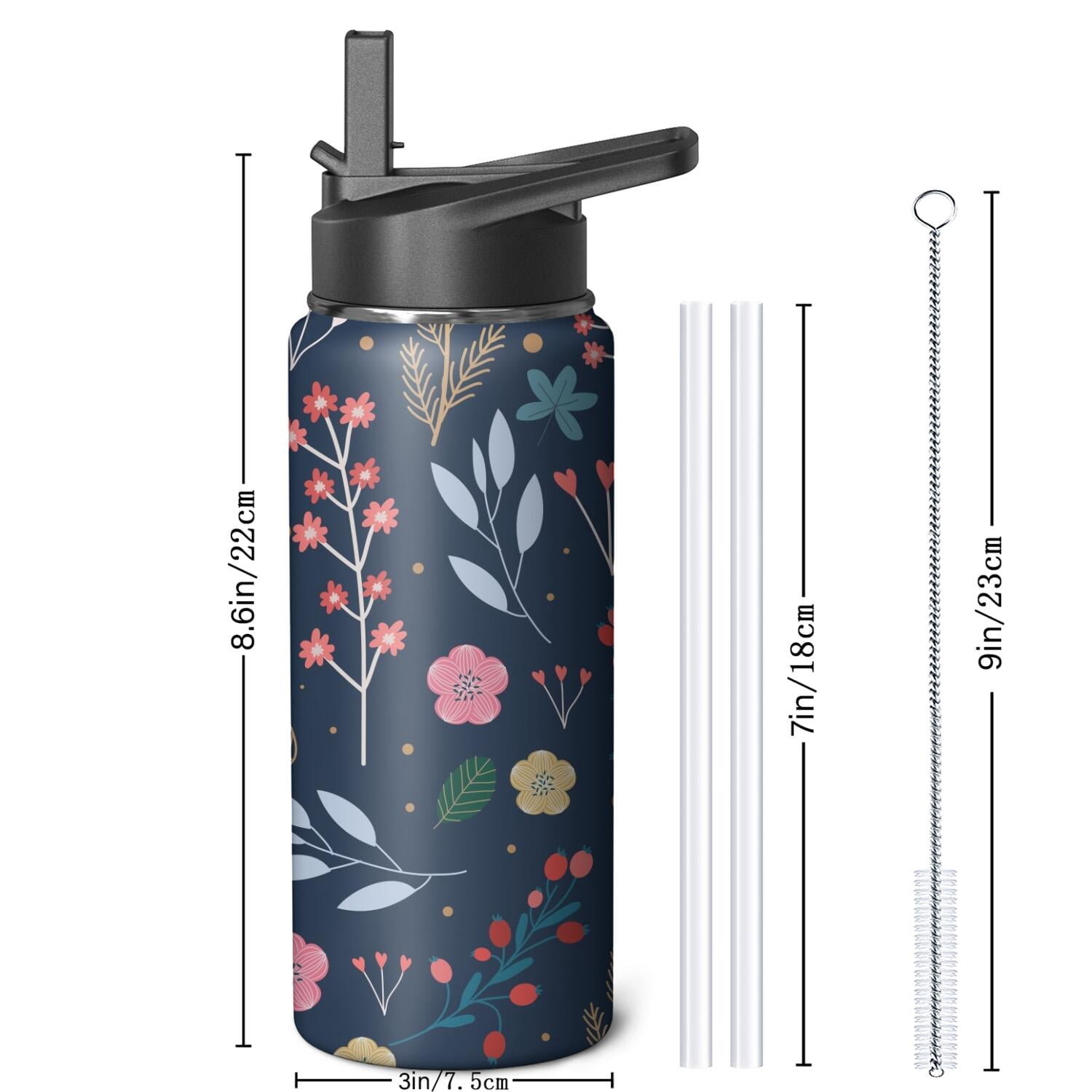 Modern 18 oz Insulated Stainless Steel Water Bottle with Straw & Cleaning Brush , Leakproof, BPA-Free, 304 Stainless Steel, Wide Mouth, Travel Mug for Car, Gym, Office
