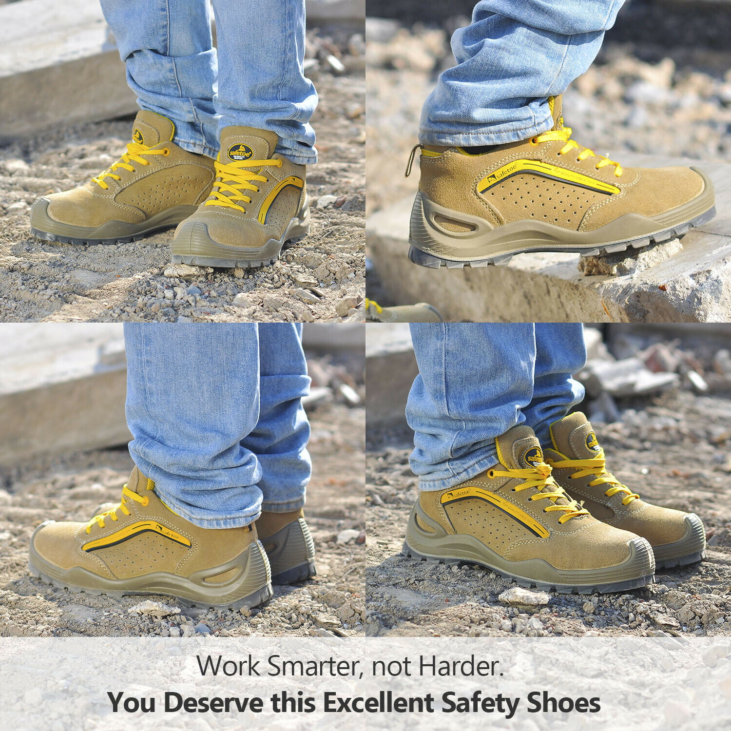 Mens Safetoe Safety Shoes Work Boots Steel Toe Yellow Leather Breathable 