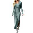 thumbnail image 3 of Tqcoqu Women's Solid Ribbed Knit Maxi Dresses,Lapel V Neck Long Sleeve Slim Fit Dress,Side Slit Business Elegant Maxi Dress,Blue Women's S-XXL, 3 of 7
