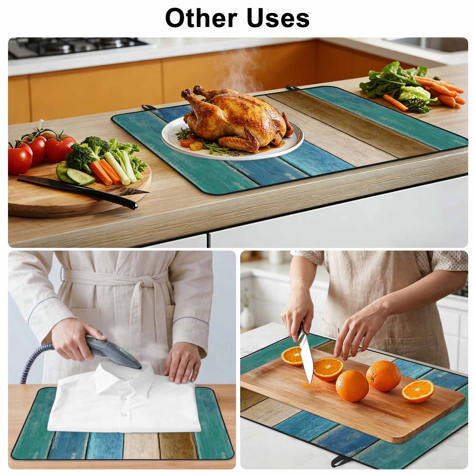 Teal Brown Blue Wooden Stove Top Cover for Electric Stove, Heat-proof & Non Slip Glass Top Stove Cover Protector, Farmhouse Vertical Striped Art Kitchen Flat Cooktop Rubber Mat 24x21 Inches