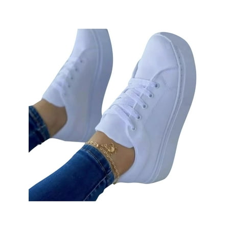 

Sanviglor Ladies Walking Shoes Comfort Flats Non-Slip Sneakers Work Round Toe Fashion Skate Shoe Lightweight Lace Up White 6.5