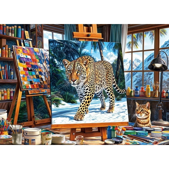 Lifelike Leopard on Easel 1000 Piece Jigsaw Puzzle for Adults, Realistic Wildlife Art Portrait Puzzle for Relaxation and Home Decor