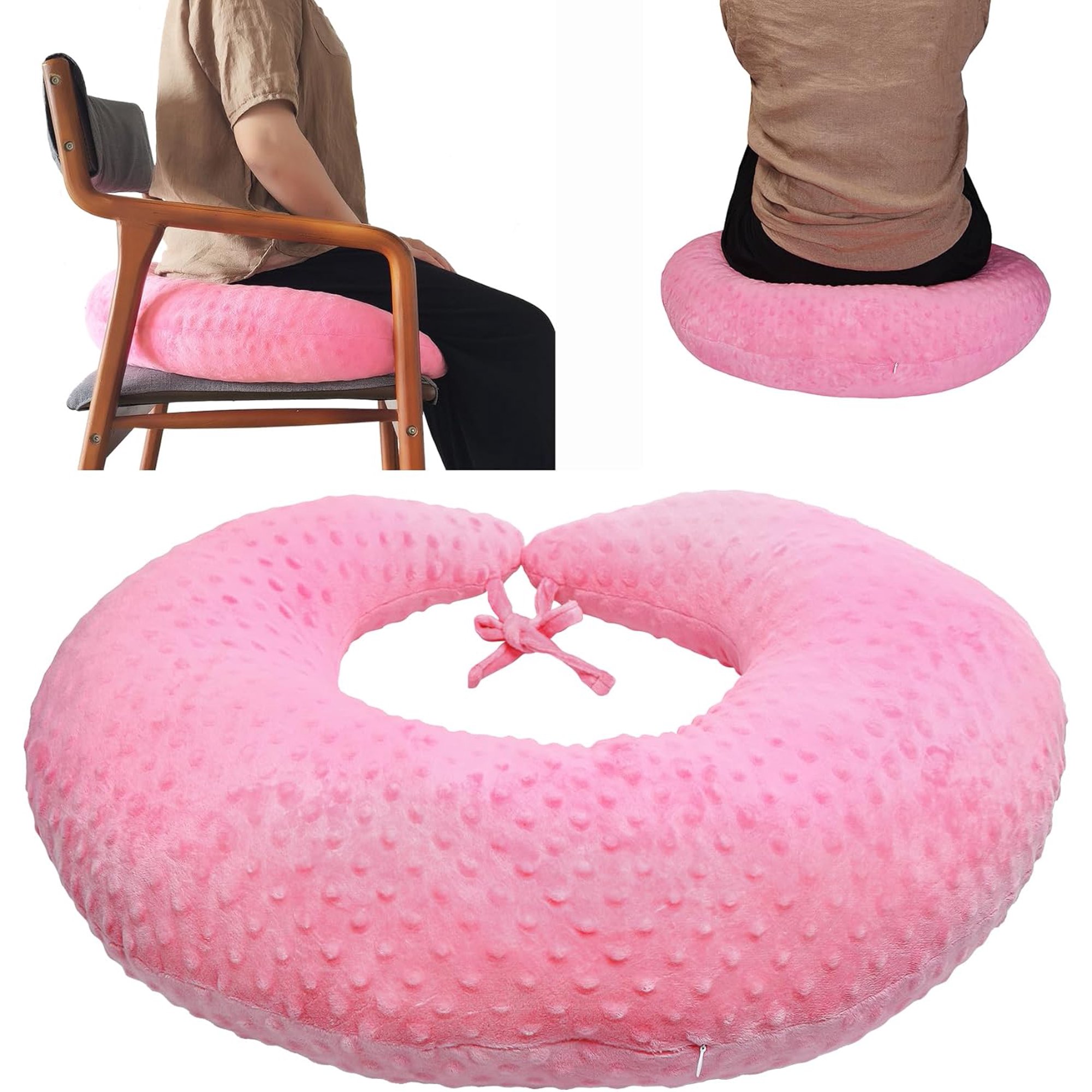Donut-Shaped Recovery Pillow for Post-Surgery Comfort, Lumbar Support Seat Cushion – Light Pink, Adjustable, Cotton Cover
