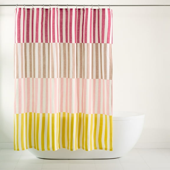 TOWN & COUNTRY PLAY Adeline Offset Stripe Cotton-Rich Breathable Fabric Shower Curtain with Anti-Rust Grommets, Pink/Beige/Yellow, 70"x72"